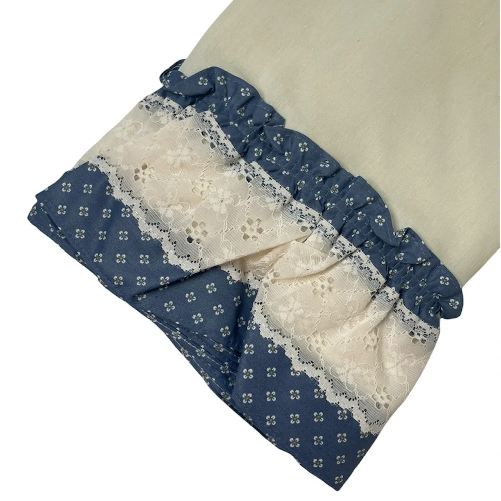 Vintage Curtains Wedgwood Calico Print Lace Tiers French Cottage Retro Farmhouse